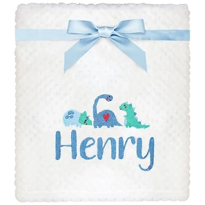 Image of TeddyT&#039;s Personalised Baby Dinosaurs Embroidered White Waffle Blanket