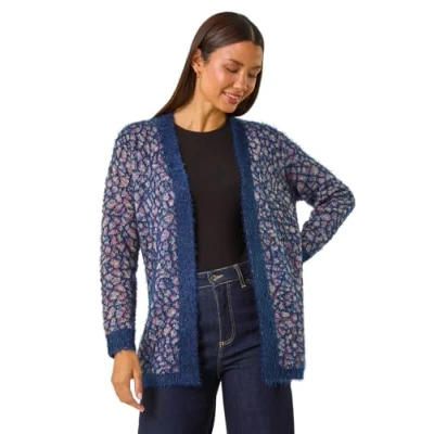 Image of Roman Originals Women Fluffy Cardigan Ladies Winter Cardi Longline Edge to Ombre Coatigan Casual Sparkly Glittery Jacket Knitwear Knitted Autumn Fleecy Cosy Soft Coats Denim Multi Size 18
