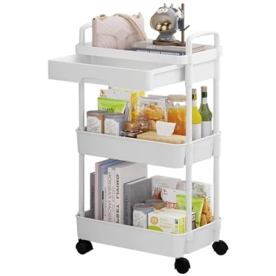 Image of DUOJIN 3 Tier Plastic Rolling Utility Cart with Handle, Multi Functional Storage Trolley Mesh Baskets and Lockable Wheels for Bathroom Kitchen Office Classroom (White)