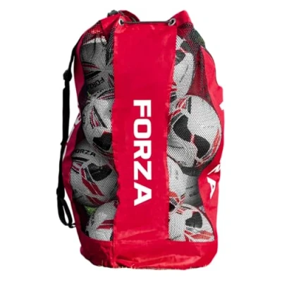 Image of FORZA Premier Ball Carry Bag Drawstring Football, Basketball, Netball &amp; Volleyball Mesh 5 Colour Options Heavy Duty Equipment Holdall 12 Capacity (Red)