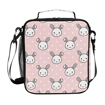 Image of FFY Go Girls Bunny Lunch Bags Pink Cute Rabbit Heart Large Insulated Box Tote Bag Cold Thermal Freezable Shoulder Strap for Kids Teen School Work