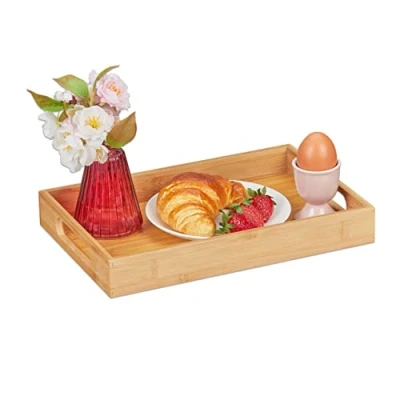 Image of Relaxdays Bamboo Serving Tray with Handles, for Breakfast in Bed, Coffee &amp; Tea, Square HBT: 4 x 30 20cm, Natural Brown