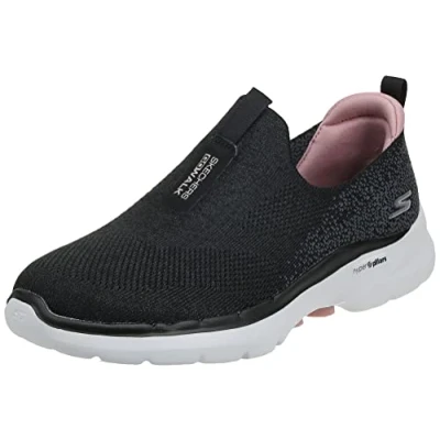 Image of Skechers Women&#039;s GO Walk 6 Glimmering Sneaker, Black Textile/Pink Trim, 2 UK
