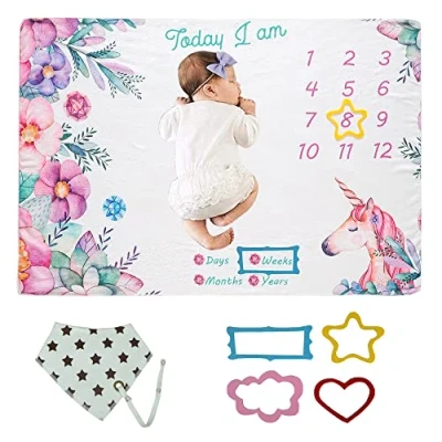 Image of wocharm Baby Milestone Mat Blanket photo prop with floral numbers Newborn Boy Girl Gift(Horse)
