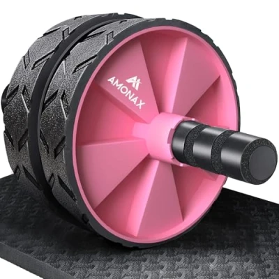 Image of Amonax Convertible Ab Wheel Roller with Large Knee Mat for Core Abs Rollout Exercise. Double Set Dual Fitness Strength Training Modes at Gym or Home (Pink)