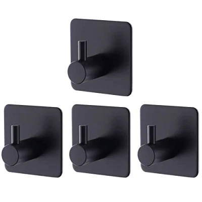 Image of Billybath Hooks Self Adhesive Black Matt Towel Holder No Drilling Stainless Steel for Bathroom and Kitchen, Wall Robust Stable Easy to Assemble (Pack of 4)