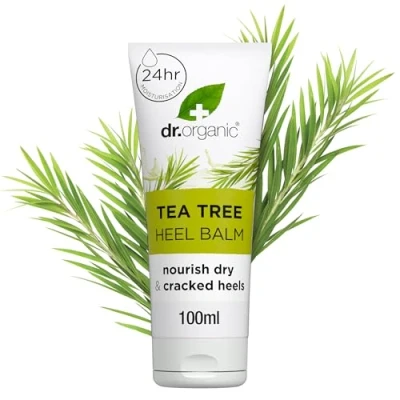 Image of Dr Organic Tea Tree Heel Balm, Dry&amp; Cracked Feet, Purifying, 24H Moisturisation, Natual Sunflower Seed Oil, Vegan, Cruelty Free, Paraben &amp; SLS Certified Organic, 100ml
