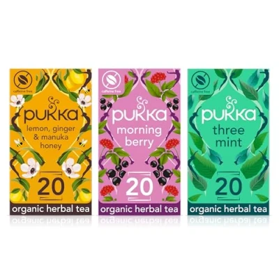 Image of Pukka Herbs, Herbal Wellness Tea Bundle, Lemon Ginger &amp; Manuka Honey, Morning Berry Three Mint, 20 Teabags each (3 Pack)