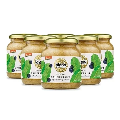 Image of Biona Organic Sauerkraut Multipack 6x680g Infused with Juniper Berries Fresh, Naturally Fermented White Cabbage Pasteurised High in Protein, Vegan No Additives