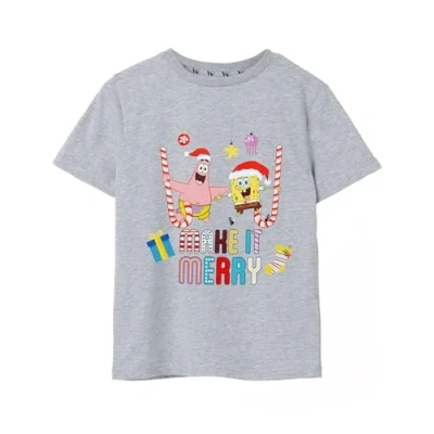 Image of SPONGEBOB SQUAREPANTS Kids Christmas T Shirt Boys &amp; Girls Make It Merry Short Sleeve Seasonal Graphic Tee Patrick Candy Cane Grey Xmas Top Cartoon Merchandise Gift
