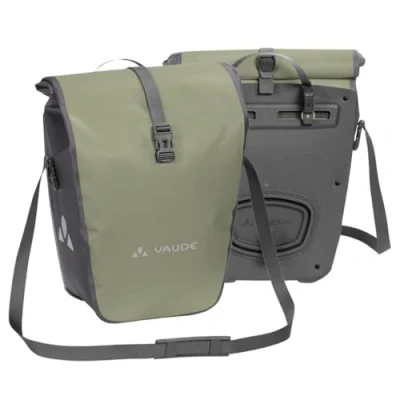 Image of VAUDE Aqua Back bike pannier bag in brown/green, 2 x 24 rear rack waterproof, cycling rear, easy mounting Made Germany