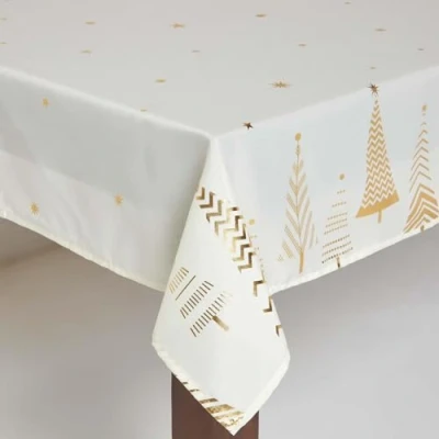 Image of HOMESCAPES Christmas Tablecloth, Rectangular Cotton Xmas Table Cloth, Handcrafted &amp; Durable Festive Dining Cover with Hem Stitch, Hypoallergenic, Washable, Sparkling Gold Tree 137x228cm
