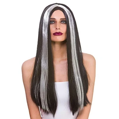 Image of Wicked Costumes Ladies Long Black Wig with Silver Streak Halloween Fancy Dress Accessory