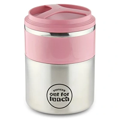 Image of Pioneer Vacuum Insulated Lunch Box 2 Tier, Leak Proof Food/Soup Flask with Extra Wide Opening and Compartments, 4 Hours Hot 8 Cold, 18/10 Stainless Steel Pink, 1.5 Litre