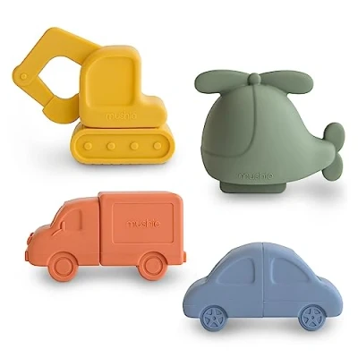 Image of Mushie Bath Toy 4 Floating Vehicles for Baby, Toddlers &amp; Children Made of Food Grade Silicone Bathtub Bathing fun Helicopter, Car, Lorry Digger