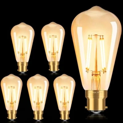 Image of FASUTY Dimmable Bayonet Light Bulbs Edison Bulbs,Vintage LED Filament Bulb B22,ST64 Amber Glass CRI 90+ Decorative Bulbs,No Flicker Retro Antique Bulbs,4W(40W Equivalent) Warm White 2700K 6PACK