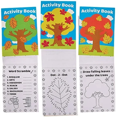 Image of Baker Ross FX193 Autumn Mini Activity Books Pack of 12, Entertaining Travel Activities, Party Favours, and Colouring for Children,