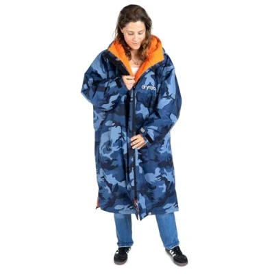 Image of Dryrobe Advance The Original Long Sleeve Waterproof Changing Robe Oversized Coat with Fleece Lining for Beach, Cold Water Wild Swimming, Surfing Medium Blue Camo Orange