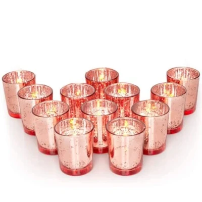 Image of Set of 12 Mercury Glass ROSE GOLD Tea Light Holders Candle Votive Wedding Decoration 6.7CM H
