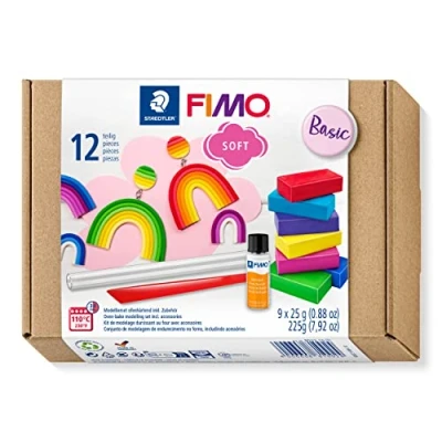 Image of STAEDTLER 8023 10 FIMO Soft Oven Hardening Polymer Modelling Clay Starter Kit, Assorted Colours (Pack of 9 x 25g Half Blocks &amp; Accessories)
