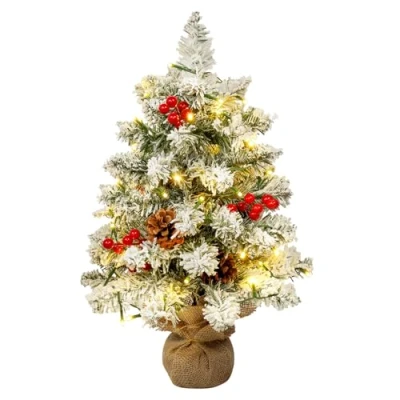 Image of Uten Artificial Mini Christmas Tree, 1.8ft/55cm Snow Flocked Desktop Small Tree with 40 LED String Lights, 4 Groups Red Berries, 5 Pine Cones, Burlap Base for Decoration