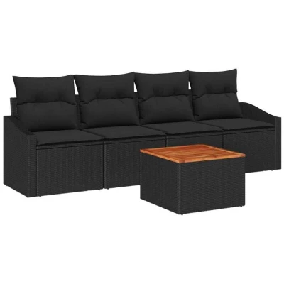 Image of vidaXL 5 Piece Garden Sofa Set with Cushions Black Poly Rattan Acacia