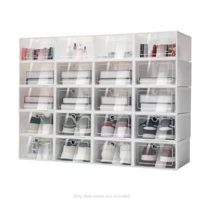 Image of Charocean Shoe Storage Box, 20 pcs Clear Boxes Stackable Plastic with Transparent Door, Organiser for Closet, Wardrobe &amp; Hallway (20)