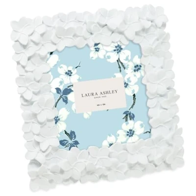 Image of Laura Ashley 4x4 White Flower Textured Hand Crafted Resin Picture Frame w/Easel &amp; Hook for Tabletop Wall Display, Decorative Floral Design Home Décor, Photo Gallery, Art (4x4, White)