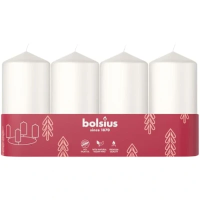 Image of Bolsius Smooth Pillar Candles Set of 4 White 100x48 mm Decorative Long Burning Time Unscented with Natural Plant Wax Without Palm Oil