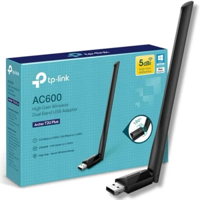 Image of TP Link AC600 High Gain USB Wi Fi Dongle, Dual Band Adapter with 5dBi Antenna for PC/Desktop/Laptop, Supports Windows11/10/8.1/8/7/XP, Mac OS X 10.9 10.14 (Archer T2U Plus)