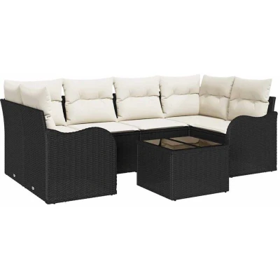 Image of vidaXL 7 Piece Garden Sofa Set with Cushions Black Poly Rattan