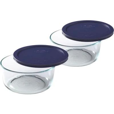 Image of Pyrex Simply Store Glass Round Food Container Set with Blue Lids (6 Piece)