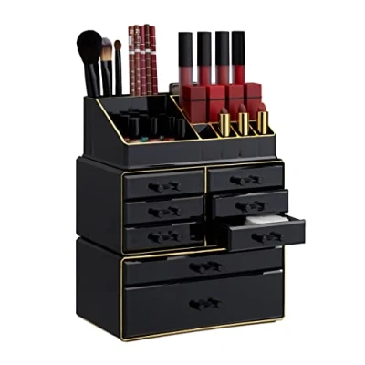 Image of Relaxdays Makeup Organizer with Drawers, Stacking and Jewellery Box, Acrylic Cosmetic Kit, Black Gold