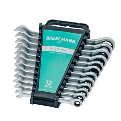 Image of Ratchet Spanner Set 12 pcs. 8 19mm with 72 Teeth by WIESEMANN 1893 I Ring Made of Q 30 Steel Chrome Plated Holder 81567