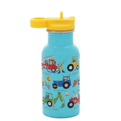 Image of Tyrrell Katz Kids Trucks Printed Drinking Bottle in Blue with Straw Stainless Steel Dishwasher Safe Children&#039;s School Water Flask 400 ml