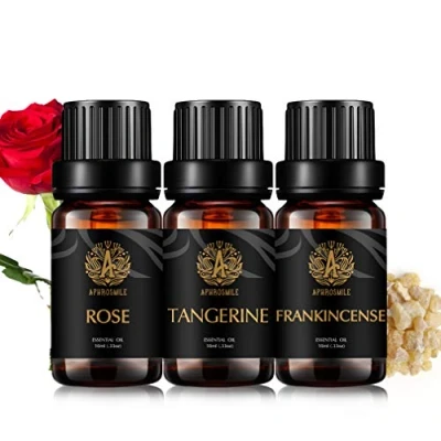 Image of Aromatherapy Rose Essential Oil Set for Diffuser, 3X10ml 100% Pure Tangerine Kit Humidifier Tangerine, Rose, Frankincense Set, Oils