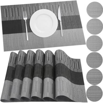 Image of HEYOMART Placemats and Coasters Sets of 6, PVC Vinyl Table Mats Non Slip Heat Resistant Washable Dinner Place for Kitchen Dining Home Restaurant, Grey &amp; Black