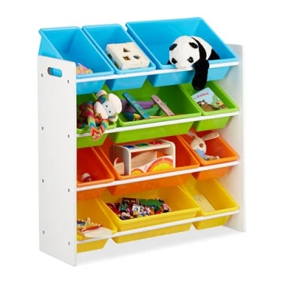 Image of Relaxdays Storage Shelf Toy Organiser with Bins, MDF+Plastic, HxWxD 88x86x31cm