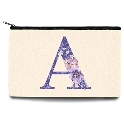 Image of 26 Letter Printed Zip Canvas Pouch Makeup Bag Make Up Bag, Cosmetic Travel Bag,Toiletry Bag,Organizer Bags,Toiletry Bags, Bride Bridesmaid Bag,Pencil Bag,Wash Bag,Coin Purse(Purple Flower A)