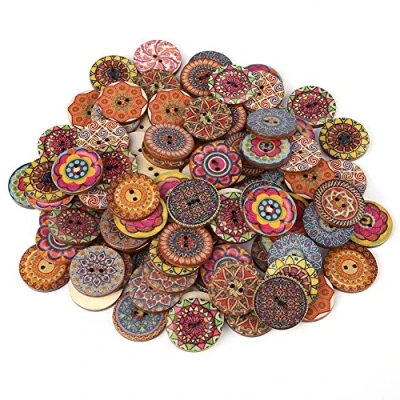 Image of 100pcs Wooden Buttons 25mm Round Shape Mixed Flower Handmade Sewing with Love for Sewing, Crafting, Decoration, DIY, Dress, etc.