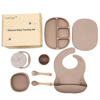 Image of Baby Feeding Set Plate, Bowl, bib, Spoon, Fork, Cup, Snack Pot Weaning for Babies, Toddler, Boys and Girls Silicone Wood Materials (Khaki)