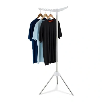 Image of Relaxdays foldable clothes rack for hangers, 27 3 rotating arms, 150 cm tall, silver/white