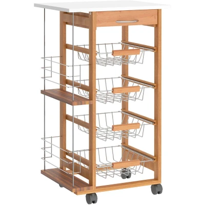 Image of HOMCOM Rolling Kitchen Cart, Utility Storage Cart with 4 Basket Drawers &amp; Side Racks, Wheels for Dining Room, Brown