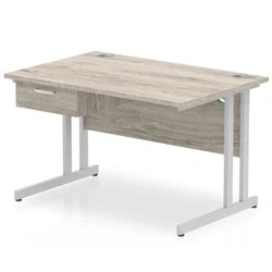 Image of Impulse 1200x800 Desk Grey Oak/Silver Cantilever 1x1 Drawer Fixed Ped