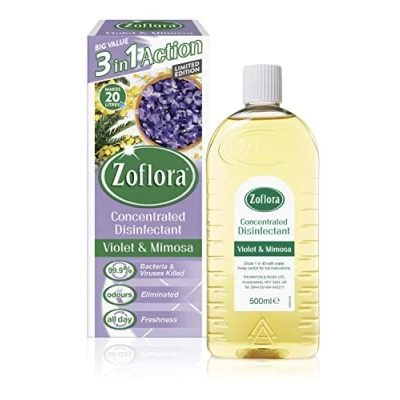 Image of Zoflora Violet and Mimosa 500ml, Concentrated 3 in 1 Multipurpose Disinfectant Kills 99.9% of Bacteria &amp; Viruses