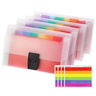 Image of 4 Pack Expanding File Folder A6 Size 13 Pockets Portable Rainbow Document Organiser Multicoloured Plastic Expandable Organizer Wallet Case with Colored Labels Index