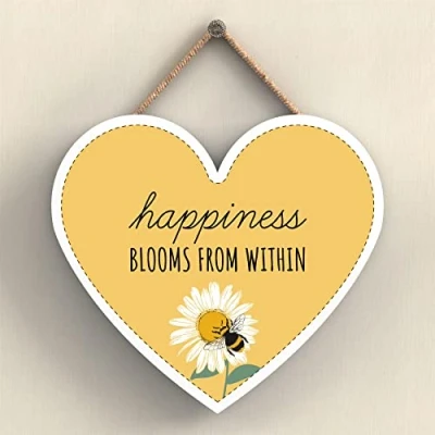 Image of Global Designs Happiness Blooms Yellow Bee Themed Decorative Wooden Heart Shaped Hanging Plaque