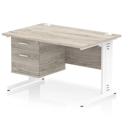 Image of Impulse 1200 x 800mm Straight Office Desk Grey Oak Top White Cable Managed Leg Workstation 1 2 Drawer Fixed Pedestal
