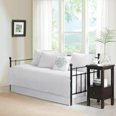 Image of Madison Park Quebec Daybed Size Quilt Bedding Set White, Damask 6 Piece Coverlets Ultra Soft Microfiber Bed Quilts Quilted Coverlet