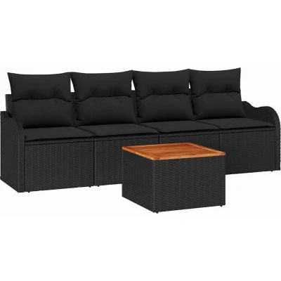 Image of vidaXL 5 Piece Garden Sofa Set with Cushions Black Poly Rattan Acacia